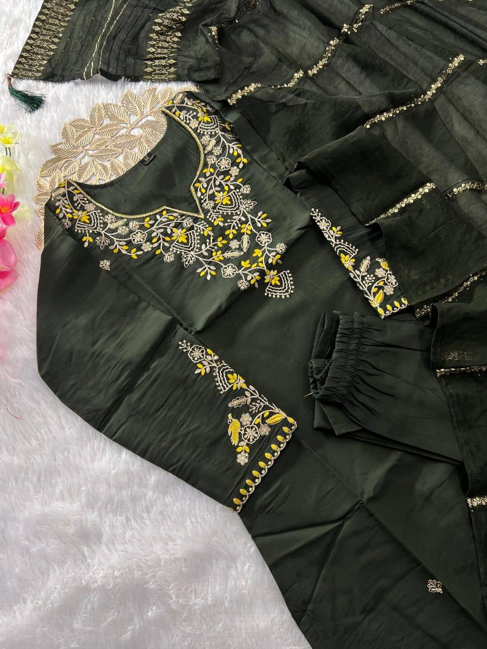 Mehandi Green Designer Roman Silk Kurti Set with Zari & Sequin Dupatta